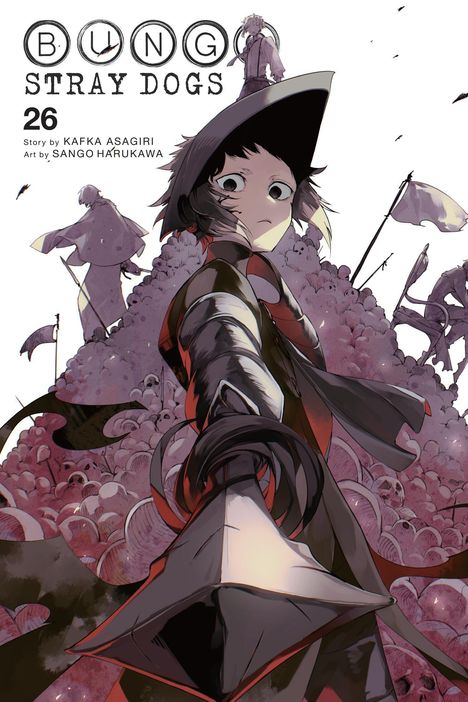 Text: "Bungo Stray Dogs 26" Story von Kafka Asagiri, Kunst von Sango Harukawa. Illustration mit dramatischer Figur im Vordergrund.