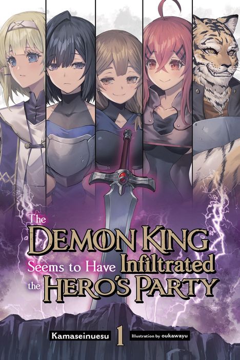 „The Demon King Seems to Have Infiltrated the Hero's Party.“ Sechs Charaktere in Anime-Stil nebeneinander.