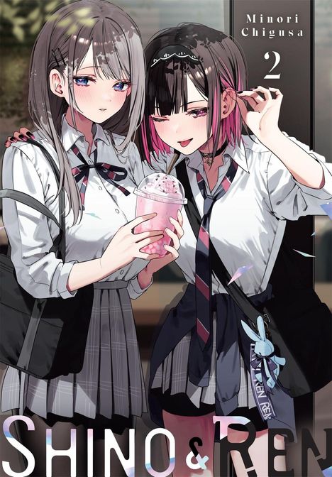 „Minori Chigusa 2“, „SHINO & REN“. Zwei Mädchen in Uniformen, eines hält ein rosa Getränk. Anime-Stil.