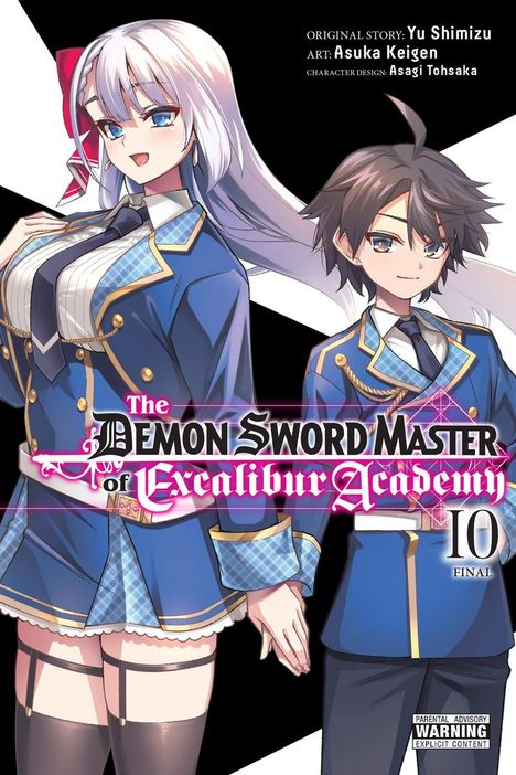 "The Demon Sword Master of Excalibur Academy 10 Final." Zwei Anime-Charaktere in Schuluniformen.