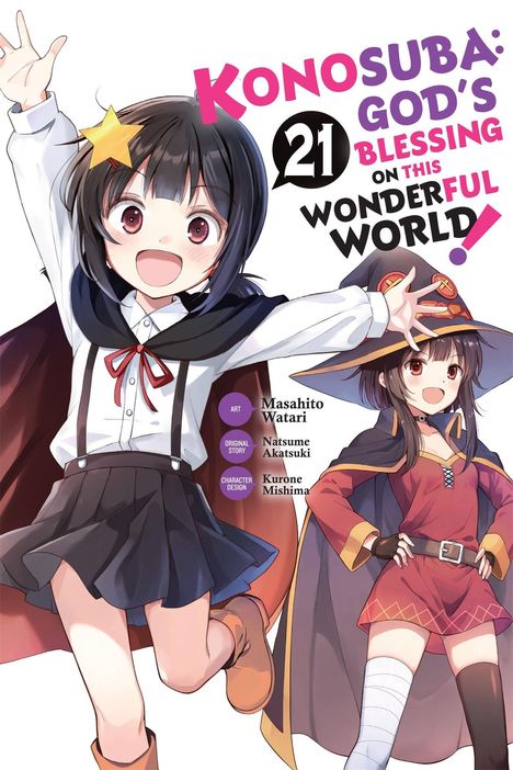 "Konosuba: God's Blessing on This Wonderful World! 21" in kräftigen Farben. Zwei animehafte Mädchen, eines mit Hut.
