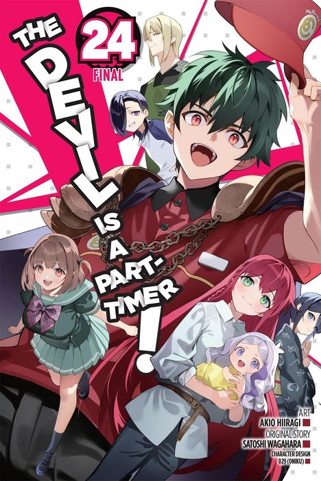 „The Devil is a Part-Timer! 24 Final“. Bunte Anime-Charaktere; ein grünhaariger Junge in Uniform hebt die Mütze.