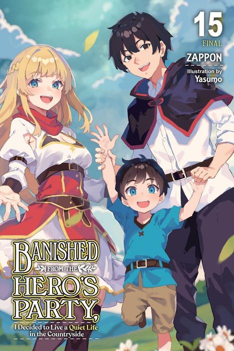Titel: „Banished from the Hero’s Party“. Drei fröhliche Menschen stehen auf einer Wiese mit Blumen und blauem Himmel.
