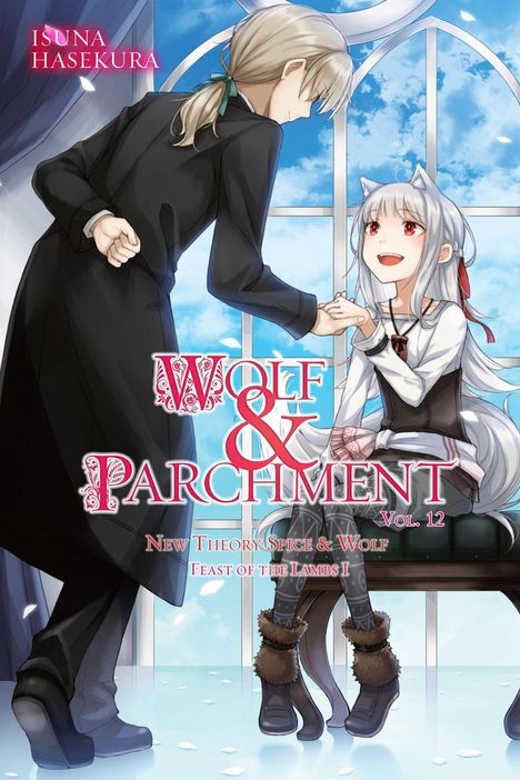 "Wolf & Parchment Vol. 12" in verspielter Schrift. Szene: Junge Frau mit Wolfsohren hält die Hand eines Mannes vor einem Fenster.