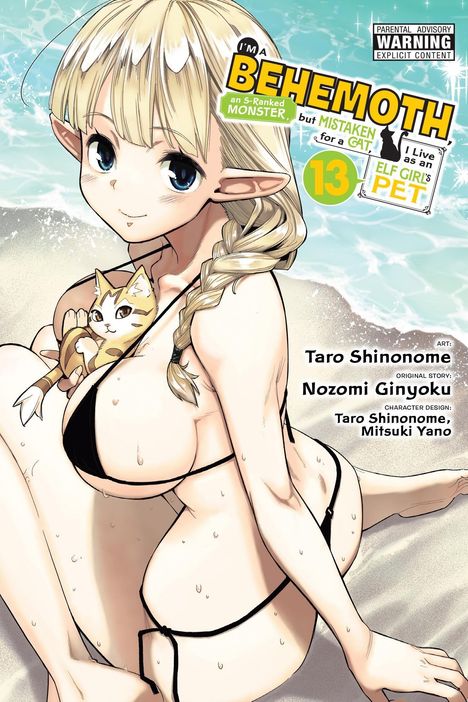 "I’m a Behemoth, an S-ranked Monster, but Mistaken for a Cat, I Live as an Elf Girl’s Pet". Illustration eines Mädchens im Bikini am Strand mit Katze.