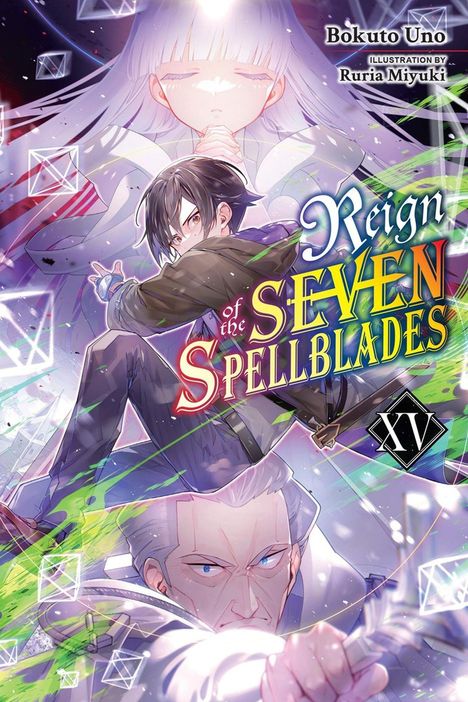 "Reign of the Seven Spellblades XV". Illustrationen von drei Charakteren, mystisch und dynamisch inszeniert.