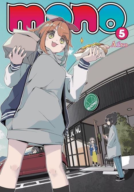Text: "mono 5 Afro" und "BUONO". Illustration: Mädchen in Hoodie hält Gebäck vor einem Geschäft mit Autos im Hintergrund.