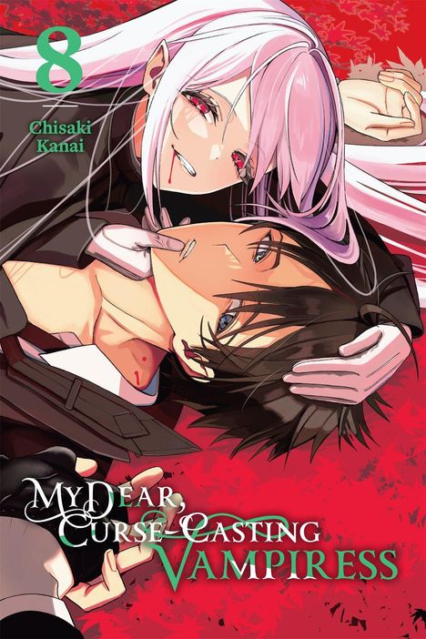 „8, Chisaki Kanai, My Dear Curse-Casting Vampiress.“ Zwei Anime-Charaktere auf rotem Hintergrund, einer mit weißen Haaren.
