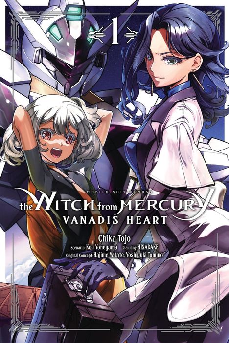 Der Text beschreibt "Mobile Suit Gundam: The Witch from Mercury - Vanadis Heart". Zwei Figuren und ein Mech im Hintergrund.