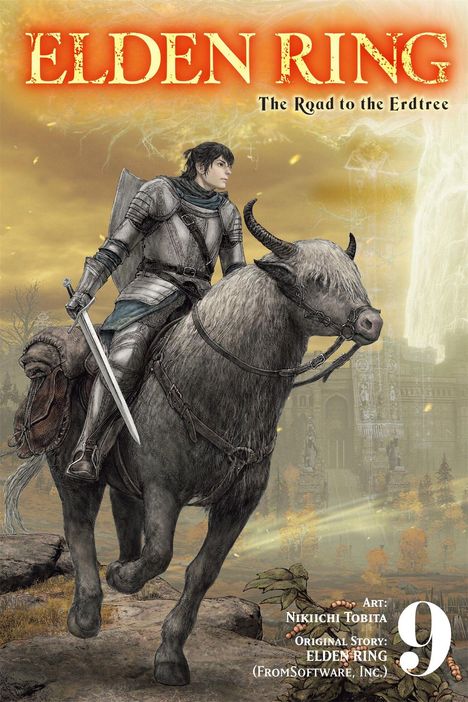 "Elden Ring: The Road to the Erdtree" oben. Ein gepanzerter Reiter auf einem gehörnten Reittier vor einer goldenen Landschaft.