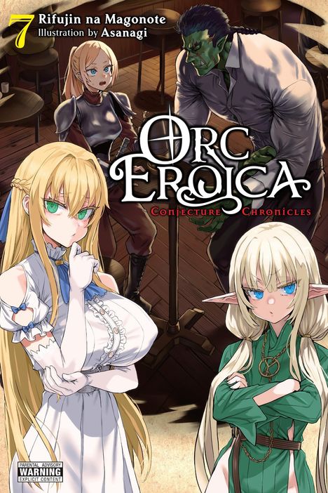 Titel "Orc Eroica". Illustration einer Bar mit verschiedenen Fantasy-Charakteren, darunter ein Ork und Elfen.