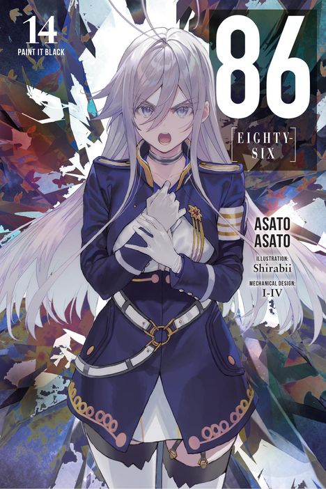 Texte: "14 PAINT IT BLACK", "86 EIGHTY-SIX", "ASATO ASATO". Illustration einer Frau in blauer Uniform.