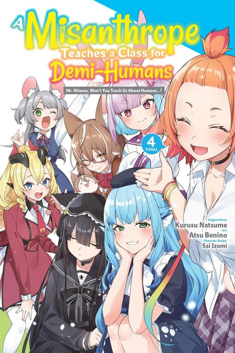 „A Misanthrope Teaches a Class for Demi-Humans“ steht oben. Sieben Anime-Figuren in Schuluniformen, freudig und bunt.