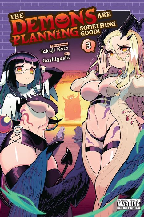 Text: "The demons are planning something good! 3" und "Parental advisory warning explicit content". Illustration von zwei weiblichen Dämonenfiguren, eine mit dunklem Haar und Brille, die andere mit blonden Haaren und Hörnern.