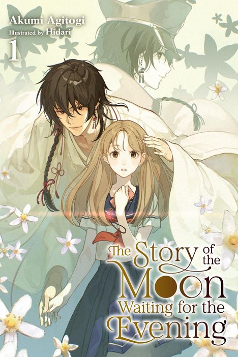 „Akumi Agitogi, Illustrated by Hidari, 1. The Story of the Moon Waiting for the Evening.“ Illustration von zwei Figuren mit Blumen.
