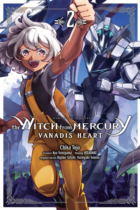 "2", "Mobile Suit Gundam", "The Witch from Mercury: Vanadis Heart", Chika Tojo. Person jubelt, Roboter im Hintergrund.