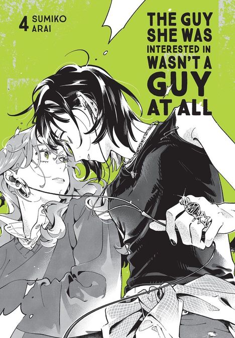 Text: "The guy she was interested in wasn't a guy at all." Zwei stilisierte Figuren in enger Interaktion. Manga-Stil.