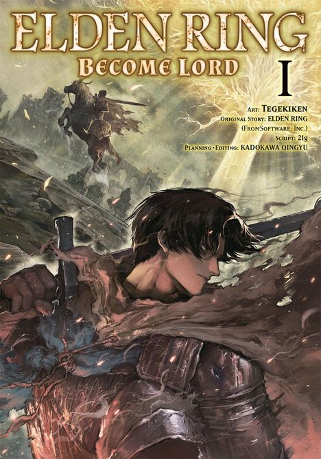 "Elden Ring: Become Lord." In epischer Szene mit kämpfendem Krieger und riesigem, leuchtendem Baum. Illustration.