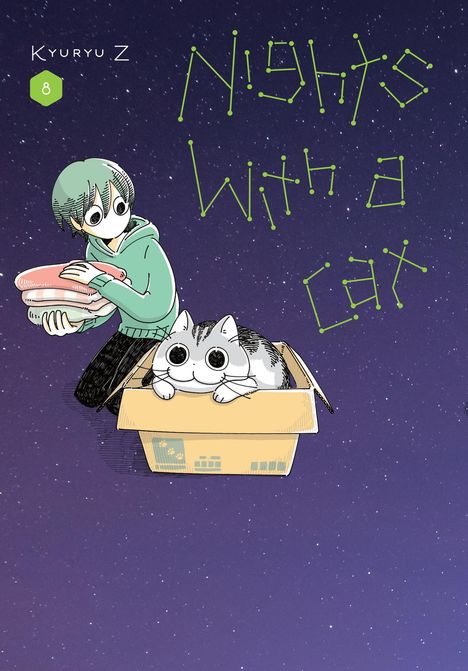 "Nights With a Cat". Illustration: Person mit grünem Haar hält Kleidung. Katze sitzt in einem Karton. Sternenhimmel im Hintergrund.