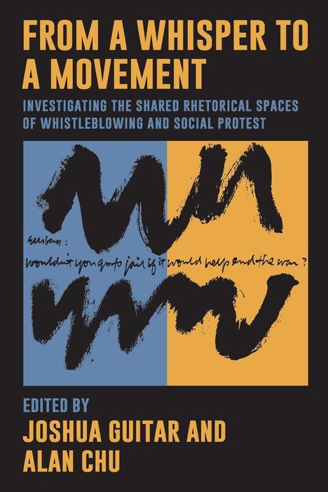 "FROM A WHISPER TO A MOVEMENT", gefolgt von Subtitel und Autoren. Abstrakte schwarze Pinselstriche auf blauem und orangem Hintergrund.