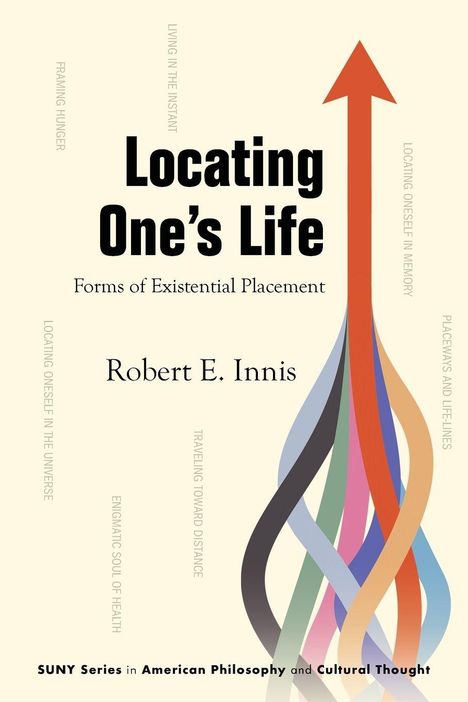 "Locating One's Life" von Robert E. Innis. Bunter Pfeil nach oben mit verflochtenen Streifen auf hellem Hintergrund.