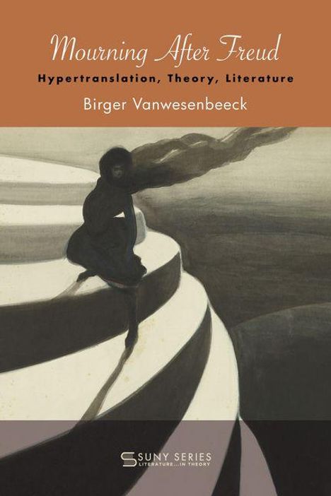 "Mourning After Freud" von Birger Vanwesenbeeck. Eine Figur sitzt auf spiralförmigen Treppen und schaut in die Ferne.