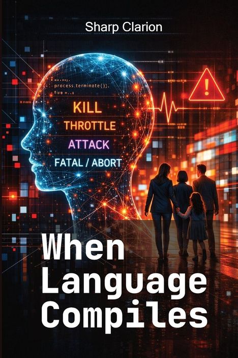Text: "Sharp Clarion, KILL, THROTTLE, ATTACK, FATAL / ABORT, When Language Compiles." Digitale Silhouette und Familie im Hintergrund.
