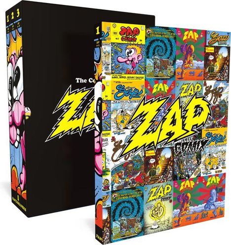 Cover mit "ZAP" in gelbem Blitz; darunter bunte Comic-Cover-Collage auf Box und Buch.