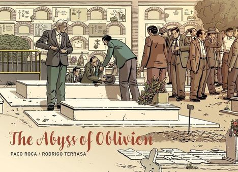"The Abyss of Oblivion" – Eine Comic-Illustration zeigt Menschen bei einer Beerdigung in einem Friedhof mit Mauernischen.
