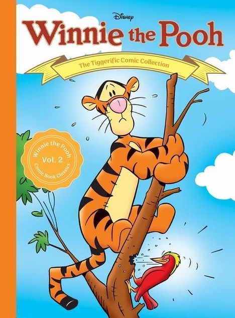 "Winnie the Pooh: The Tiggerific Comic Collection" steht über Tigger, der auf einem Baumstamm sitzt. Ein Vogel schaut zu ihm hoch.