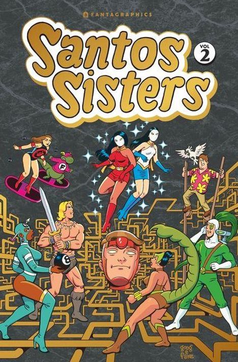 "Santos Sisters VOL 2": Comic-Stil, bunte Superhelden und Figuren vor einem Labyrinth-Hintergrund.