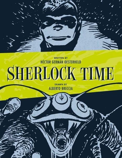 "Sherlock Time" in großen Buchstaben, darunter zwei schwarz-weiße Zeichnungen: eine Person in Wirbeln und eine unheimliche Szene.
