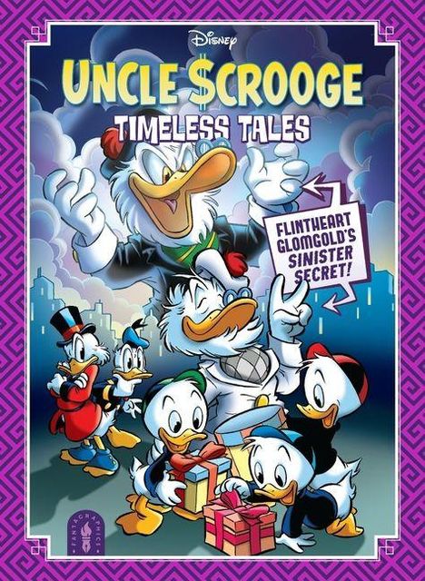 "UNCLE $CROOGE" und "TIMELESS TALES" stehen oben. Zeichnung zeigt fröhliche Entenfiguren, darunter Onkel Dagobert.