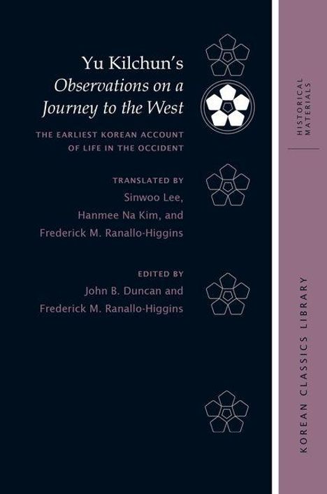 Buchtitel: Yu Kilchun’s Observations on a Journey to the West. Enthält geometrische Muster und Text in einer vertikalen Leiste.
