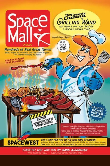 "Space Mall Catalog", "Grilling Wand", "CAPTAIN COOK!", "Caution! Do not grill food on wooden surfaces", Illustration: Mann grillt.