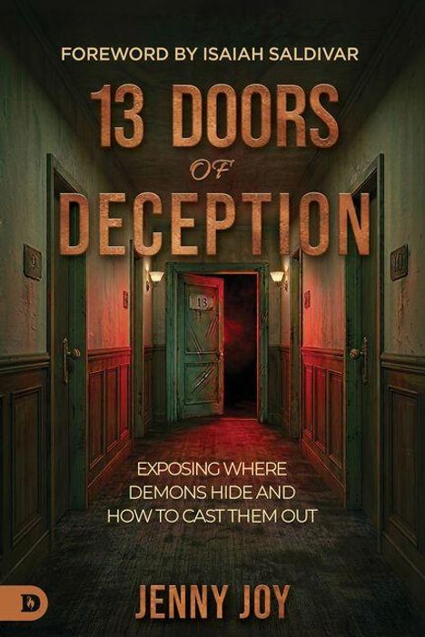 "13 Doors of Deception" von Jenny Joy. Eine düstere Flurkulisse mit mehreren Türen, eine trägt die Nummer 13.