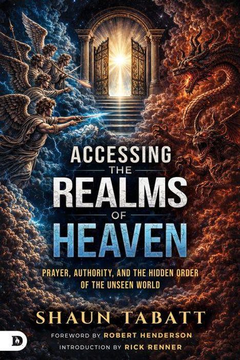 „Accessing the Realms of Heaven“ von Shaun Tabatt. Engel und Drache flankieren ein Tor mit himmlischem Licht.