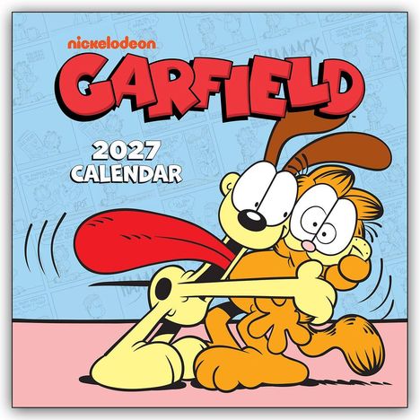 „2027 CALENDAR“ in Weiß. Cartoon mit Garfield und einem gelben Hund, die sich umarmen. Hintergrund hat Comic-Panels.