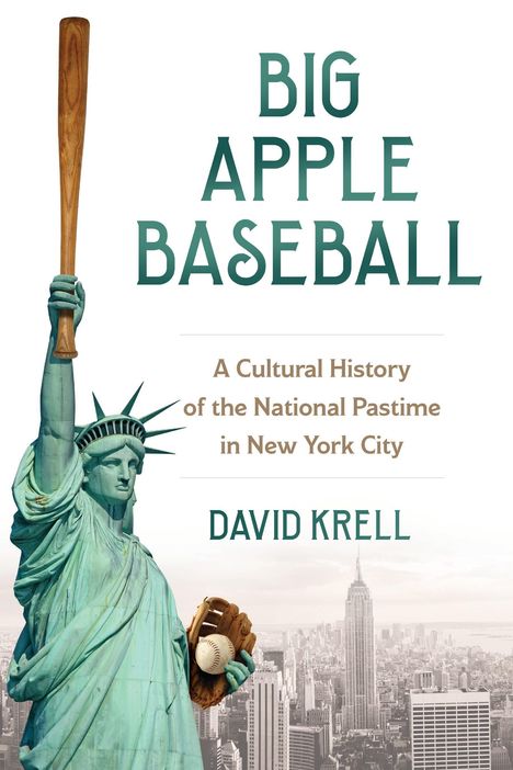 "BIG APPLE BASEBALL" - Freiheitsstatue hält Baseballschläger und -handschuh, Hintergrund Skyline von New York City.