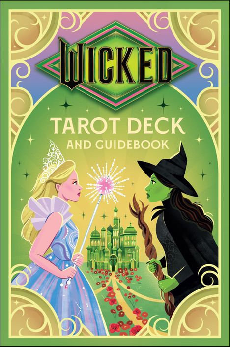 „Wicked Tarot Deck and Guidebook“. Illustration mit zwei Frauen, eine in Blau mit Krone, eine in Schwarz mit Hut vor einem Schloss.