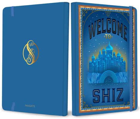 "Welcome to Shiz" und "INSIGHTS". Blaues Cover, linke Seite mit goldenem Ornament, rechte Seite mit Stadtillustration.