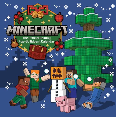 "Minecraft: The Official Holiday Pop-Up Advent Calendar". Figuren werfen Schneebälle, ein Schneemann und ein Weihnachtsbaum.