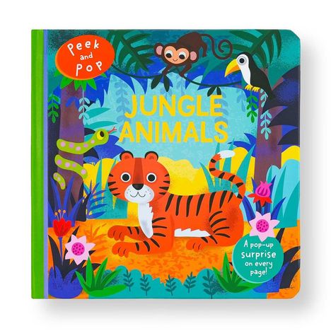 "Jungle Animals" in gelber Schrift, ein fröhlicher Tiger im Dschungel mit Affe und Tukan. Bunte, kindgerechte Illustration.