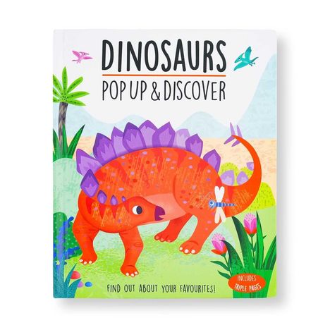 "DINOSAURS POP UP & DISCOVER" mit einem bunten Dinosaurier in einer tropischen Landschaft, helle Farben, spielerisch.