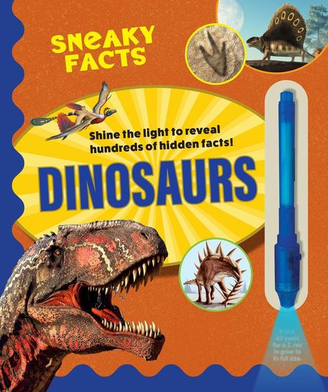 Texte: "Sneaky Facts," "Shine the light to reveal hundreds of hidden facts," "Dinosaurs." Dinosaurier und Taschenlampe abgebildet.