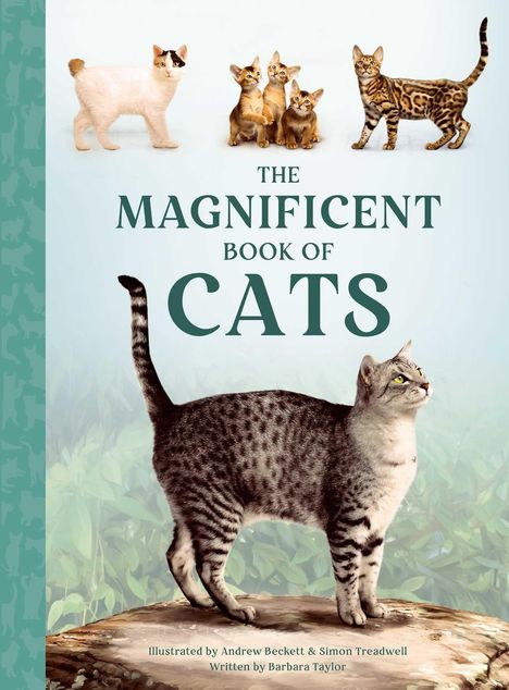 „THE MAGNIFICENT BOOK OF CATS“. Illustration mit Katzen auf einer Baumstumpf-Szene, stilvoll platziert.