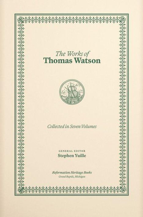 "The Works of Thomas Watson" und "Collected in Seven Volumes" sind zentral angeordnet, umgeben von grünem Muster.