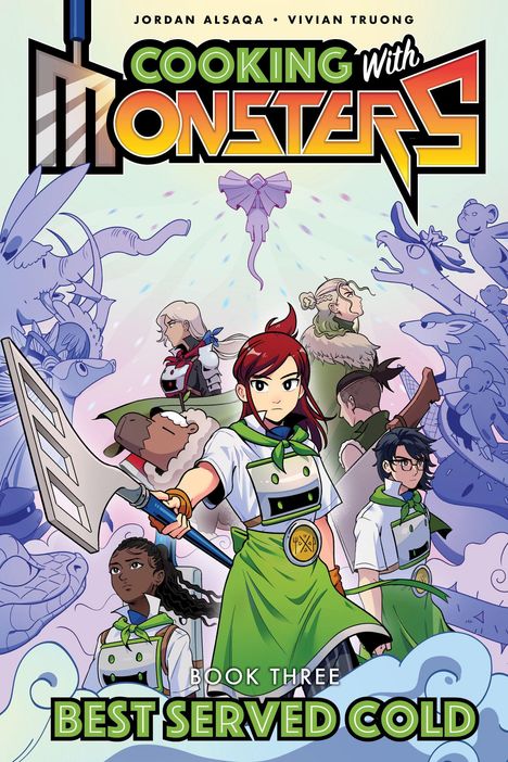 "Cooking with Monsters. Best Served Cold. Illustration von Charakteren in Kochuniformen und Monstern im Hintergrund."