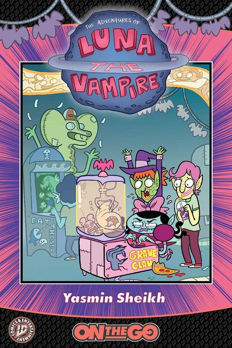 "The Adventures of Luna the Vampire" oben. "Yasmin Sheikh" unten. Illustration mit bunten, fröhlichen Monstern und einem Greifautomaten.