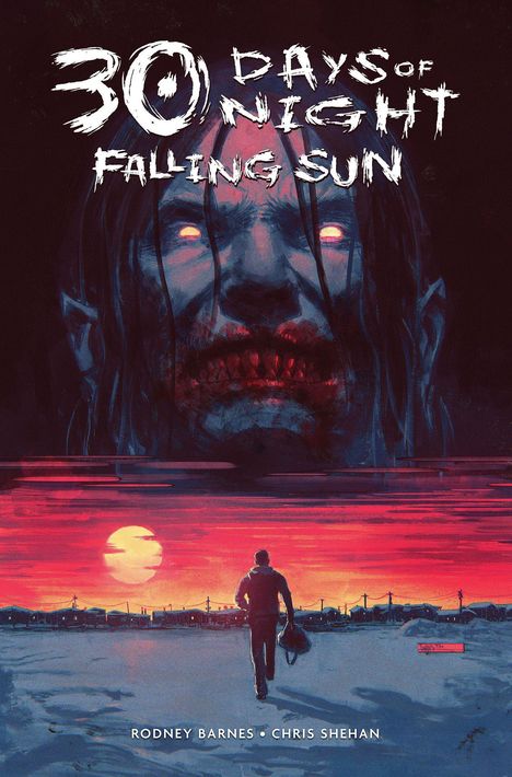 "30 DAYS OF NIGHT FALLING SUN" in weißer Schrift. Illustration: Unheimliches Gesicht über Mann vor rotem Sonnenuntergang.